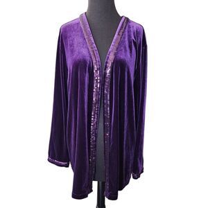 Quacker Factory Purple Sequin Velvet Drape Front Open Cardigan Size 2XL